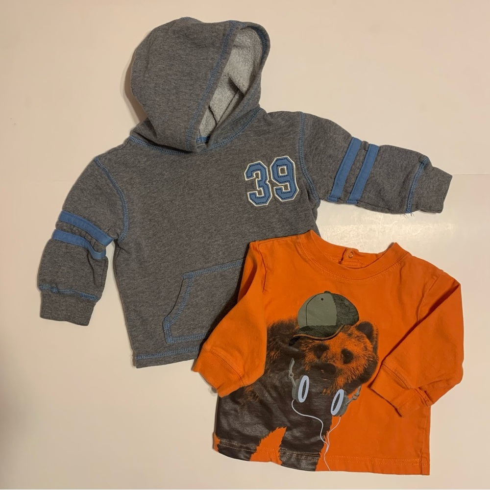 Wonder Kids 2PC Sporty Hoodie Long Sleeve Tee Boys Lot Bundle Blue Gray Size 12M
